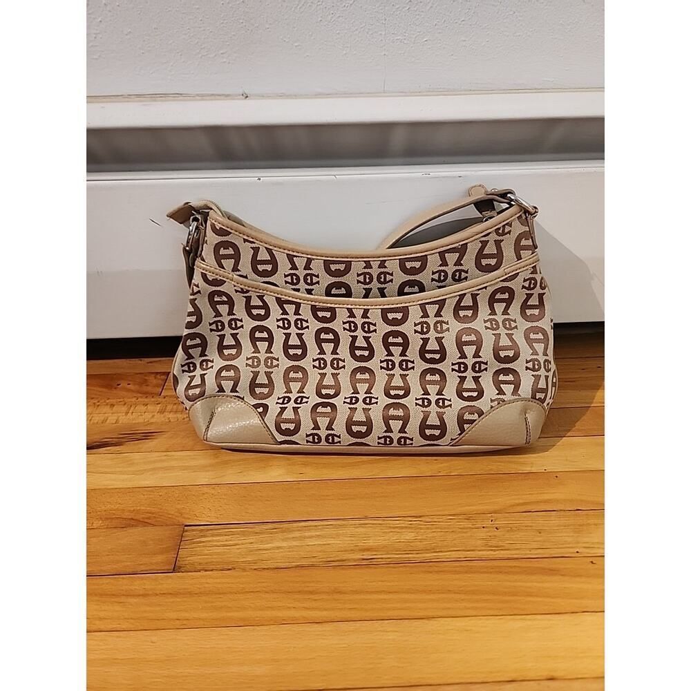 Vintage Etienne Aigner Shoulder Bag Purse Signature Logo Leather Trim Beige Tan - Picture 6 of 9
